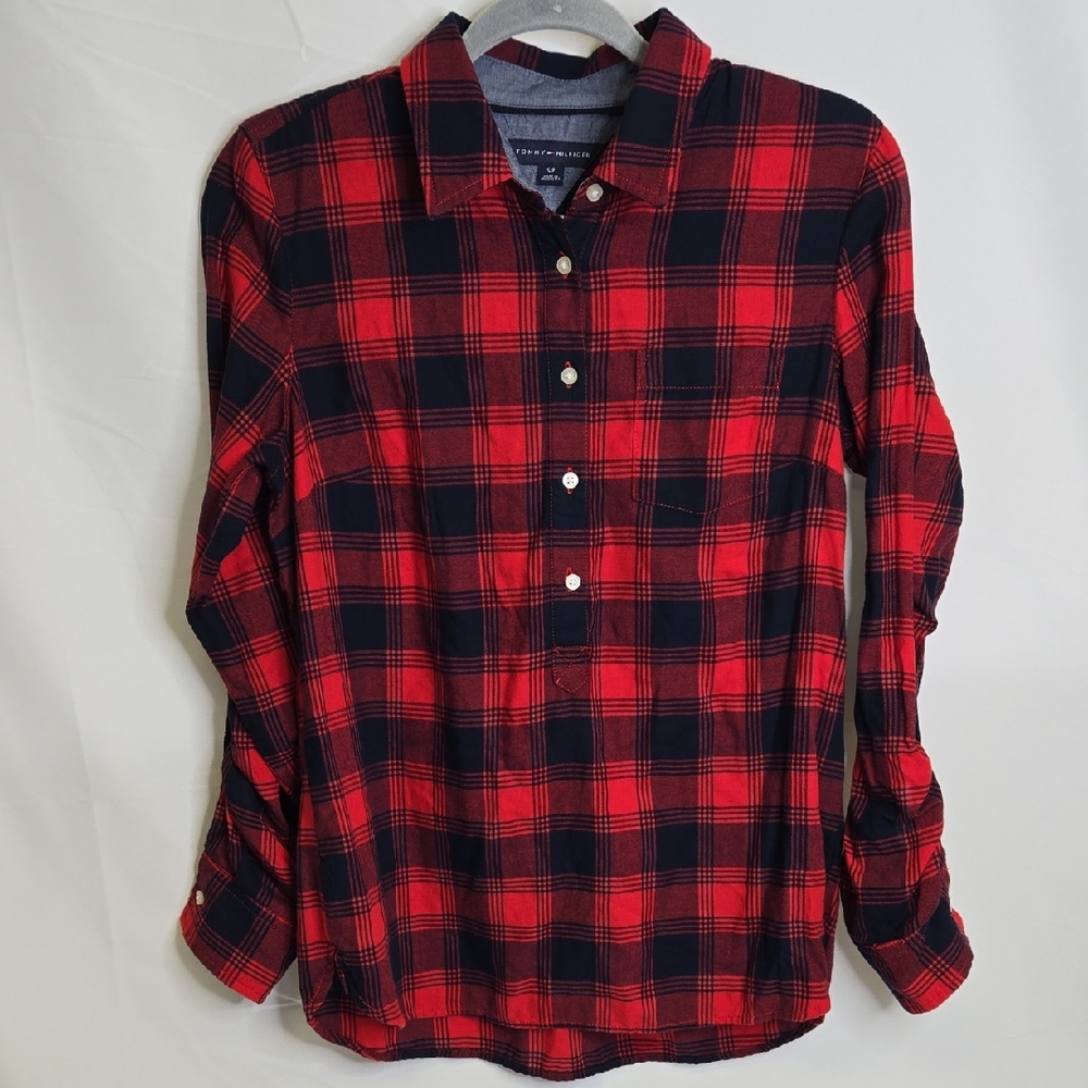 Tommy Hilfiger Plaid Half Button-Down Long Sleeve Shirt, Red Blue, Small